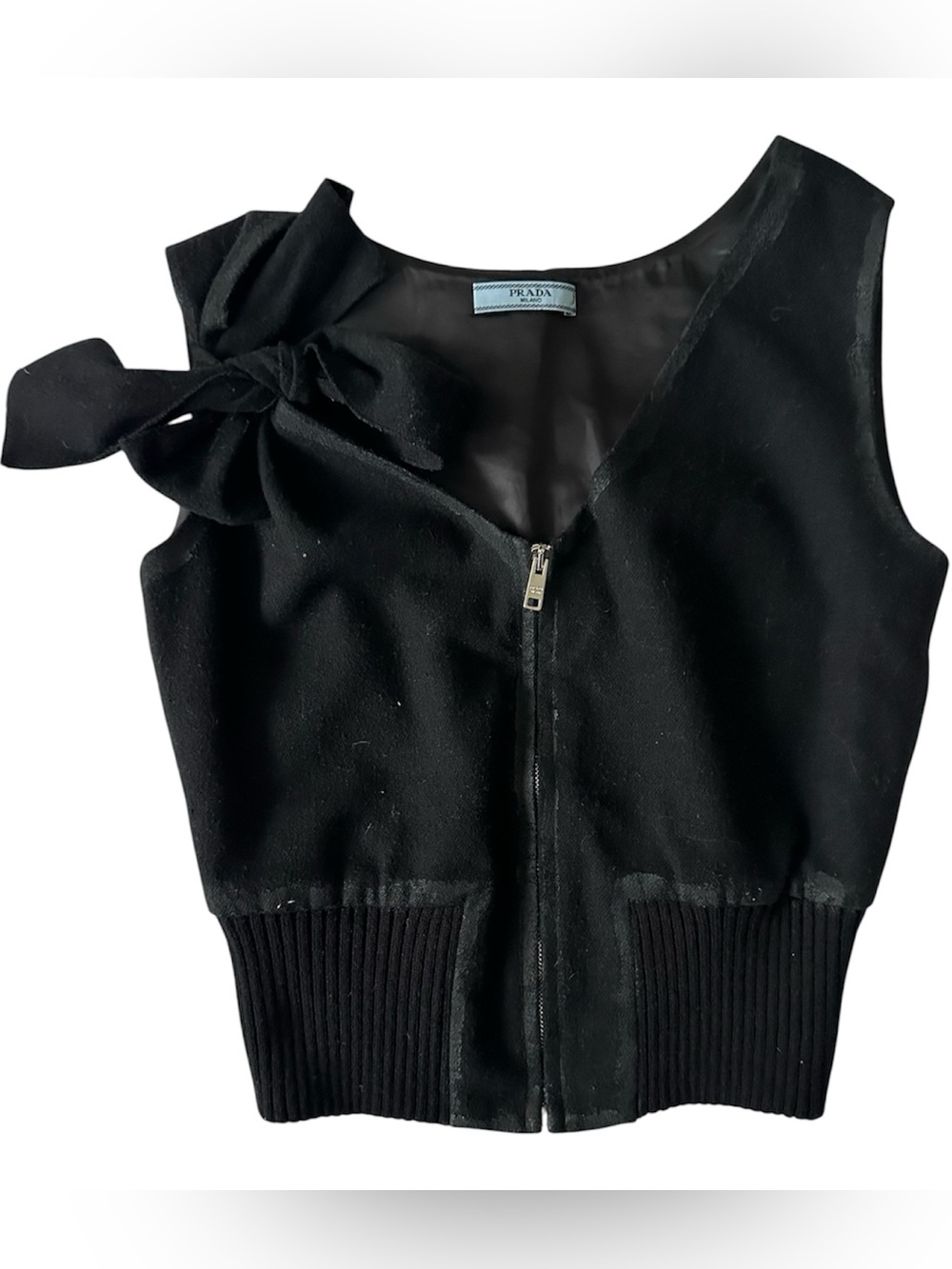 Prada Milano Black Bow Zip Front Vest Made in Italy Size S